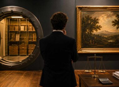 Tassazione delle opere d’arte: collezionista osserva un dipinto tra caveau museale e documenti fiscali