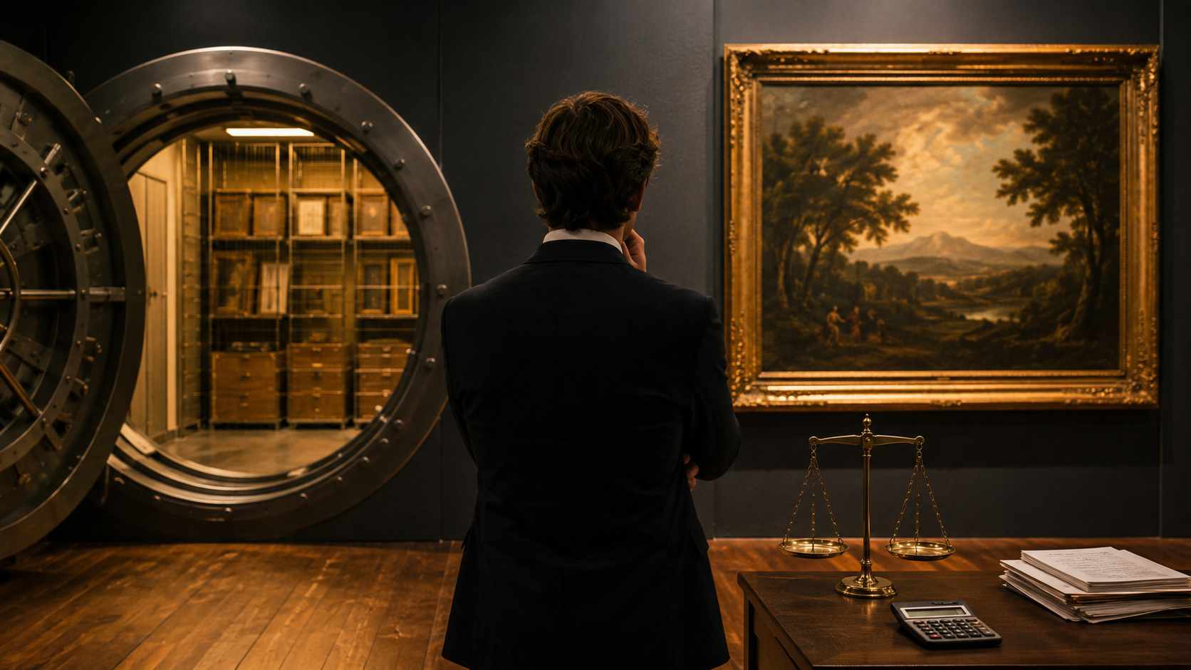La fiscalità dell’arte: quando il fisco decide cosa finirà in un museo. Tassazione delle opere d’arte: collezionista osserva un dipinto tra caveau museale e documenti fiscali