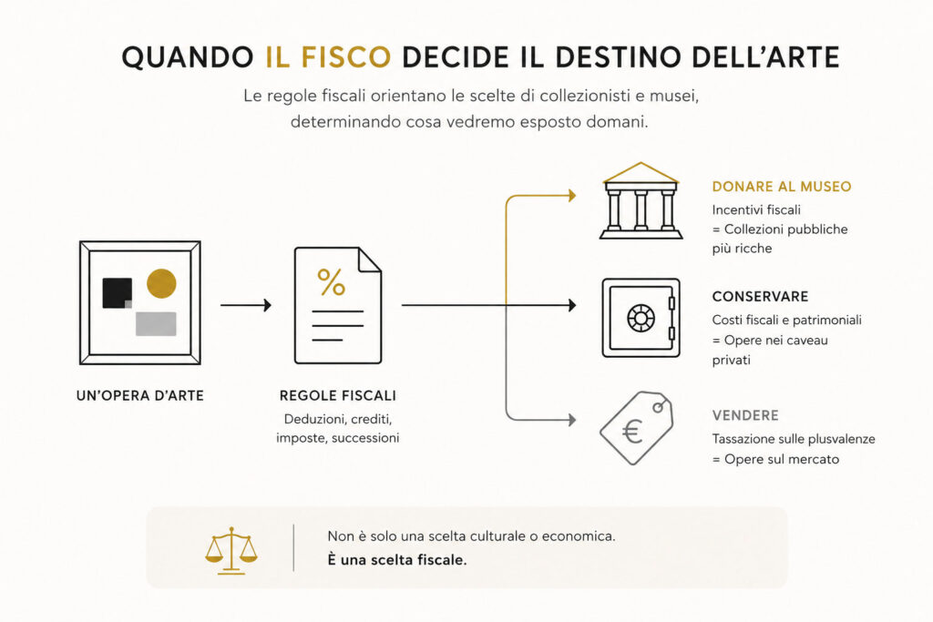 La fiscalità dell’arte: quando il fisco decide cosa finirà in un museo. La fiscalità dell’arte: quando il fisco decide cosa finirà in un museo. La tassazione delle opere d’arte influenza molto più del carico fiscale dei collezionisti: determina donazioni, acquisizioni museali e strategie patrimoniali. Un confronto tra Italia, Stati Uniti, Regno Unito, Francia e Svizzera.
