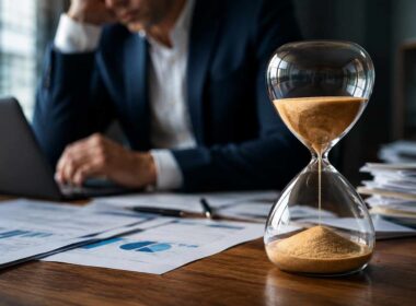 Il tuo miglior cliente ti deve 180 giorni. Il tuo bilancio non lo dice. La banca sì. Tempi di incasso delle fatture: clessidra su una scrivania con documenti finanziari e imprenditore sullo sfondo