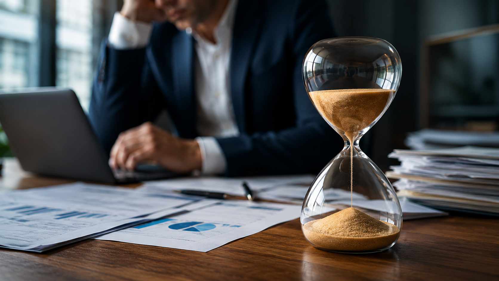 Il tuo miglior cliente ti deve 180 giorni. Il tuo bilancio non lo dice. La banca sì. Tempi di incasso delle fatture: clessidra su una scrivania con documenti finanziari e imprenditore sullo sfondo