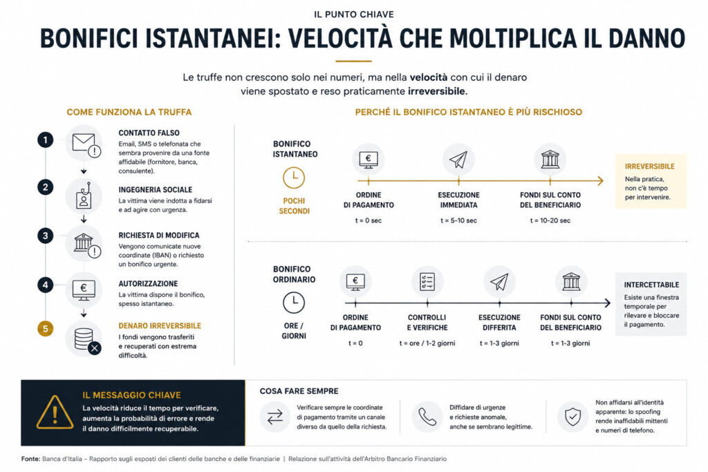 Truffe bancarie: cosa dice il rapporto Bankitalia a imprese, professionisti e investitori. Truffe bancarie: cosa dice il rapporto Bankitalia a imprese, professionisti e investitori. Truffe bancarie 2025: il nuovo rapporto della Banca d’Italia mostra come spoofing, phishing, deepfake e ingegneria sociale stiano modificando il panorama delle frodi finanziarie. Un’analisi dei dati più rilevanti e delle implicazioni per imprese, professionisti e investitori.