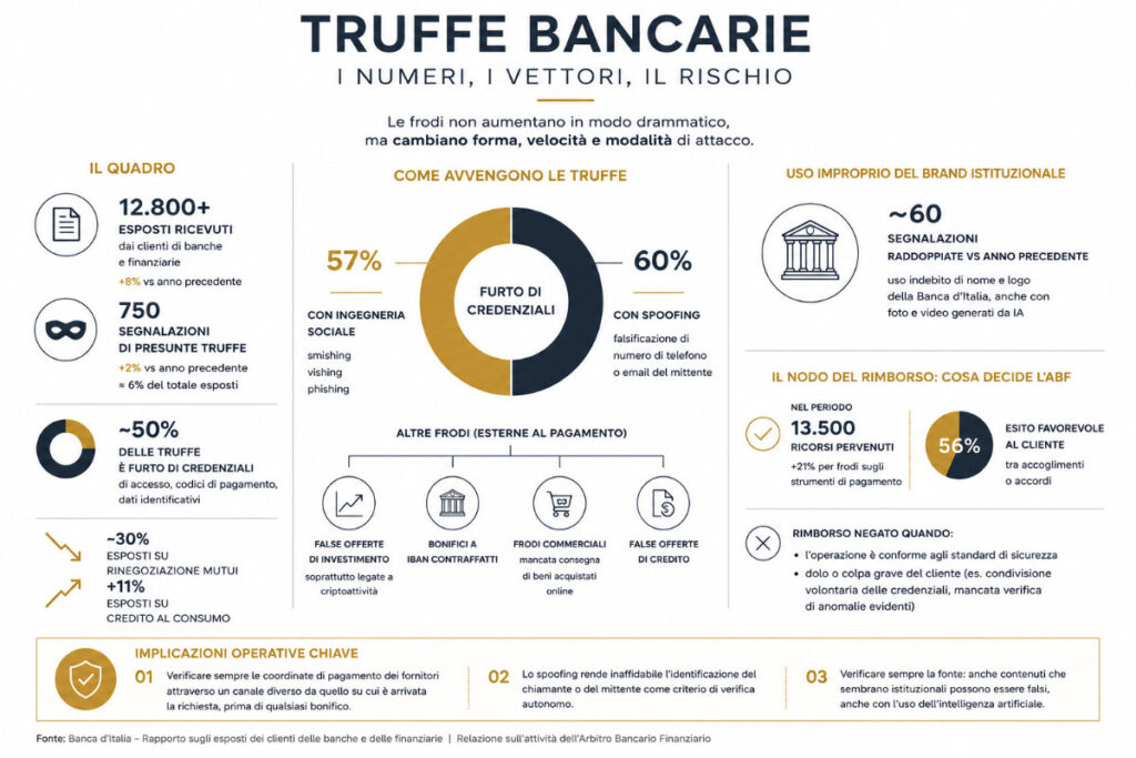 Truffe bancarie: cosa dice il rapporto Bankitalia a imprese, professionisti e investitori. Truffe bancarie: cosa dice il rapporto Bankitalia a imprese, professionisti e investitori. Truffe bancarie 2025: il nuovo rapporto della Banca d’Italia mostra come spoofing, phishing, deepfake e ingegneria sociale stiano modificando il panorama delle frodi finanziarie. Un’analisi dei dati più rilevanti e delle implicazioni per imprese, professionisti e investitori.