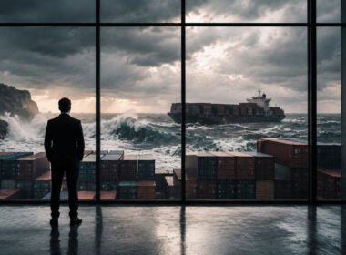 Ritorno della strategia: manager osserva una nave portacontainer affrontare un mare in tempesta