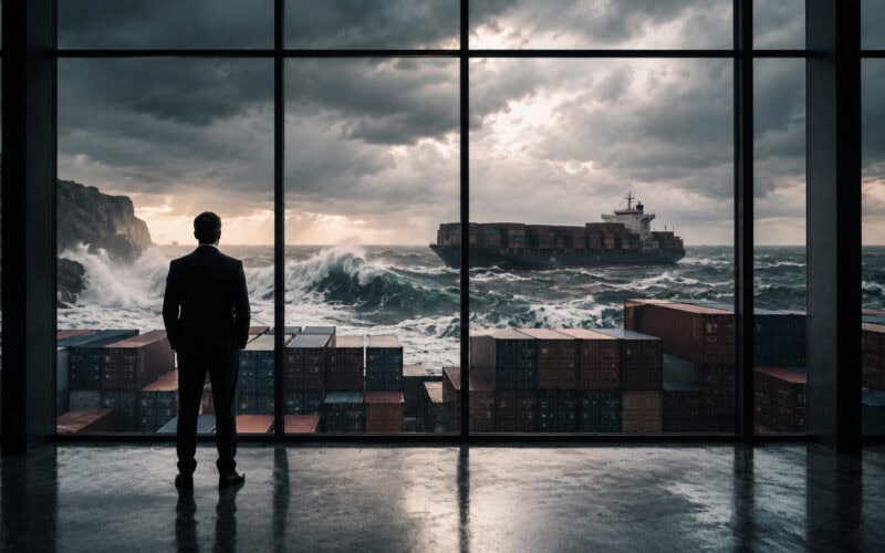 Ritorno della strategia: manager osserva una nave portacontainer affrontare un mare in tempesta