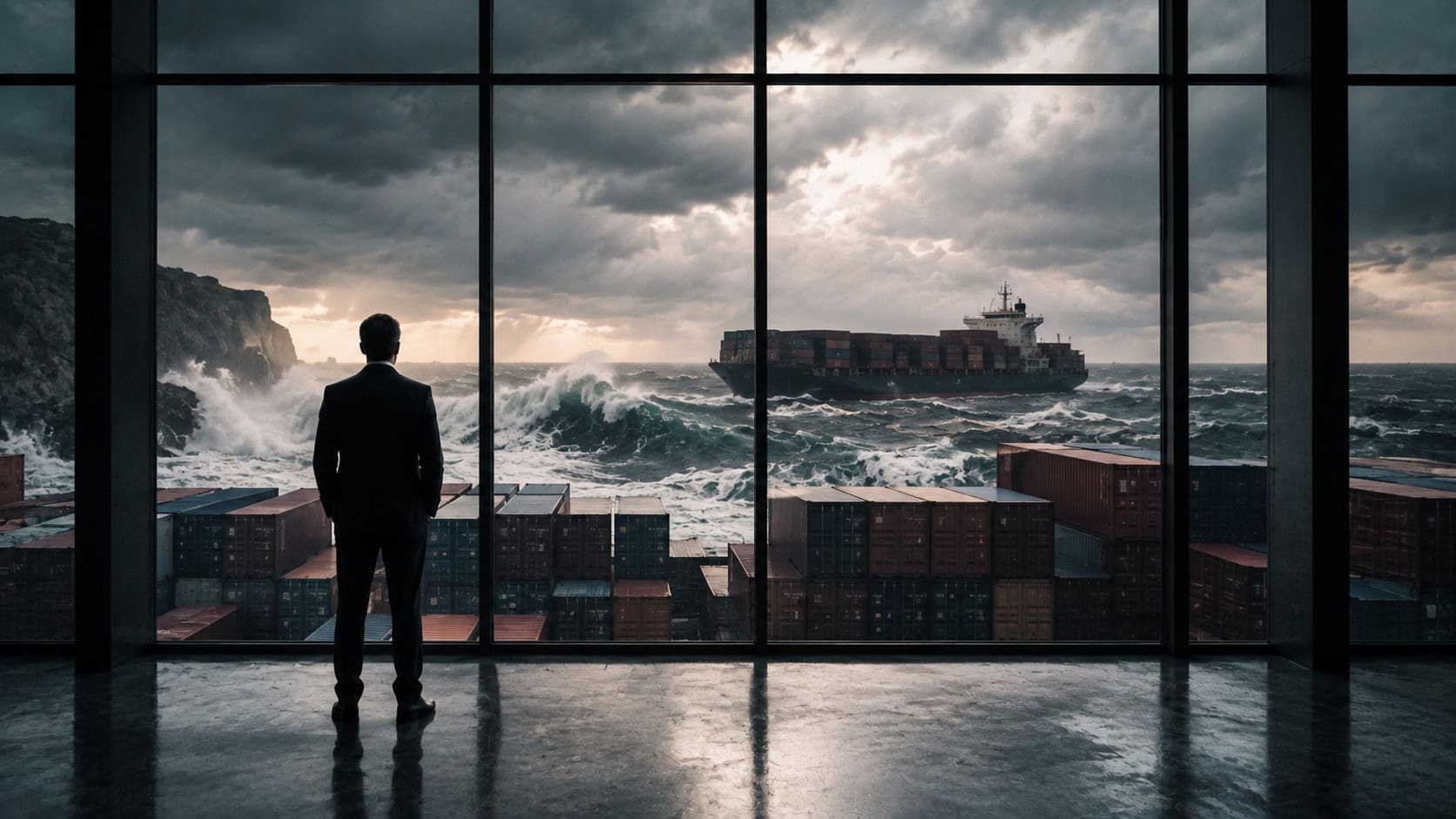 Ritorno della strategia: manager osserva una nave portacontainer affrontare un mare in tempesta