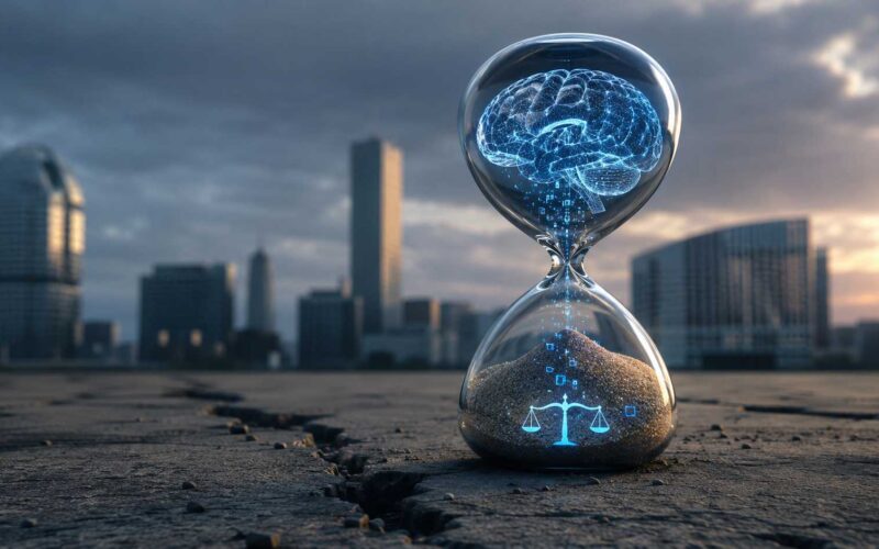AI Act, clessidra con cervello digitale e bilancia della giustizia davanti a uno skyline urbano