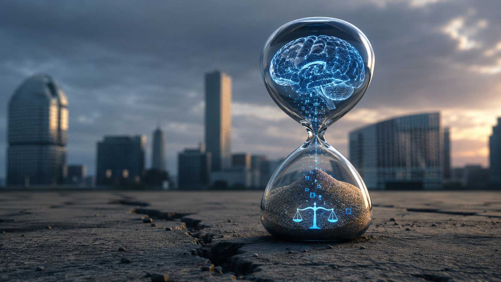 Il 2 agosto non ha portato quello che tutti aspettavano: ecco cosa cambia davvero. AI Act, clessidra con cervello digitale e bilancia della giustizia davanti a uno skyline urbano