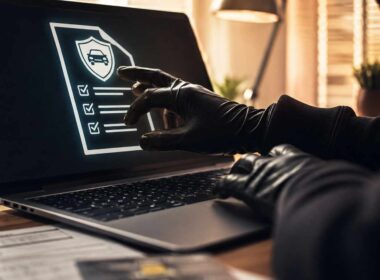 Assicurazioni false online, mani guantate davanti a un computer con una polizza auto digitale simulata