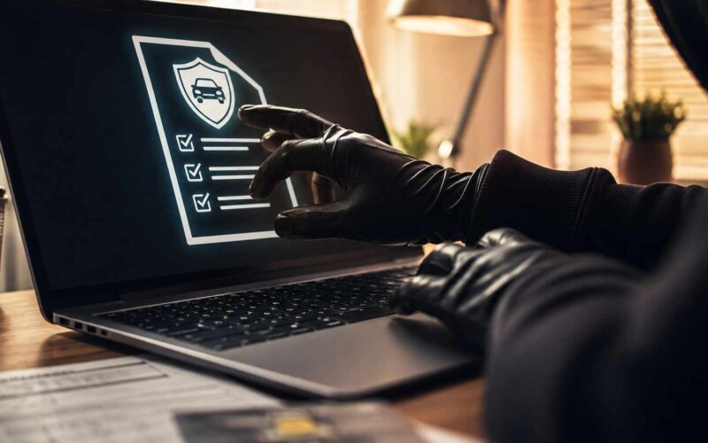 Assicurazioni false online, mani guantate davanti a un computer con una polizza auto digitale simulata