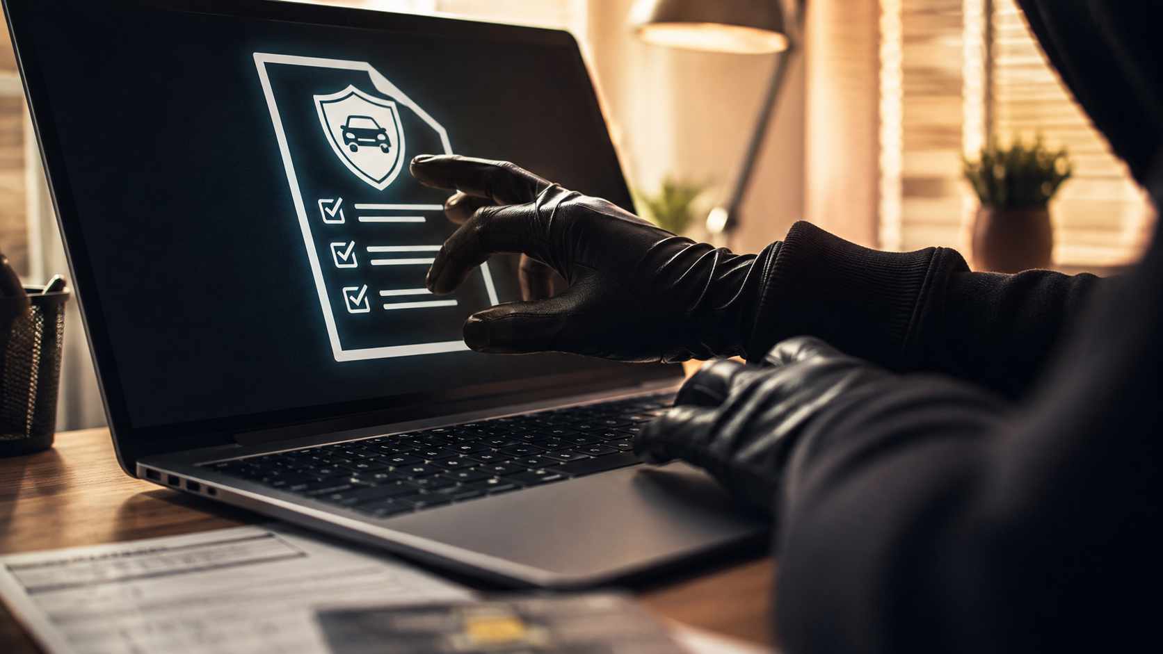 Assicurazioni false online, mani guantate davanti a un computer con una polizza auto digitale simulata