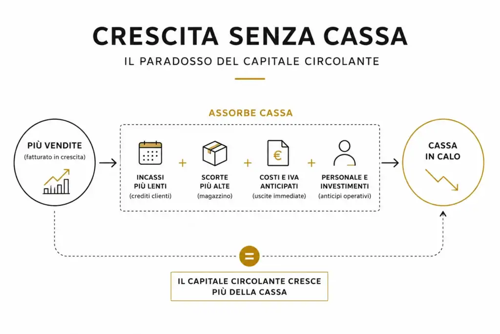 Capitale circolante netto, infografica sul percorso da più vendite a maggiore assorbimento di cassa
