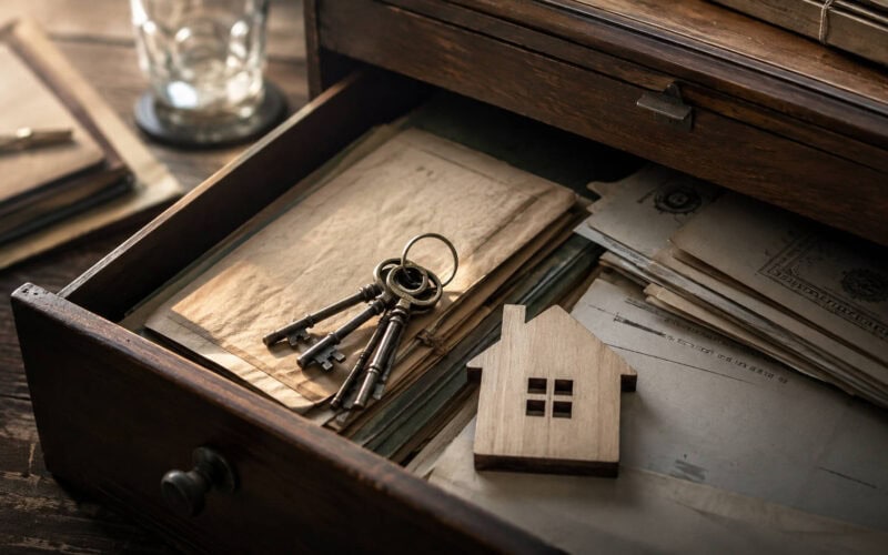 Come pianificare una successione: documenti patrimoniali, chiavi e simbolo di una casa in un archivio familiare