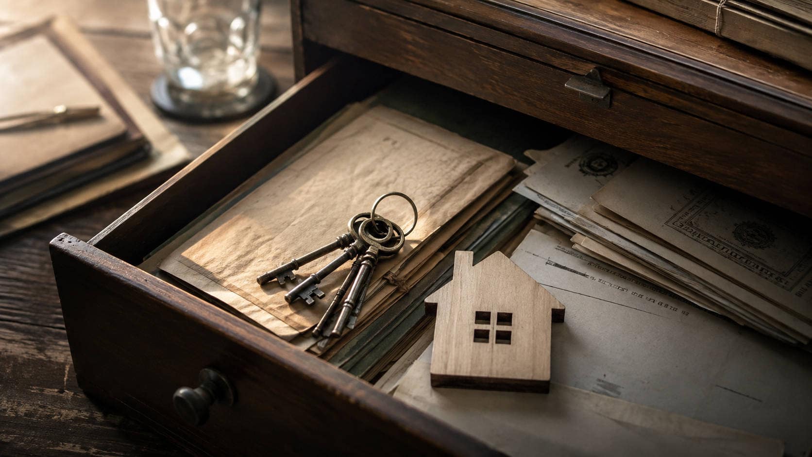 Come pianificare una successione: documenti patrimoniali, chiavi e simbolo di una casa in un archivio familiare
