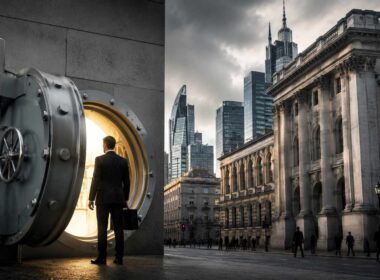 Il credito alle imprese accelera. Per le PMI le regole non sono cambiate. Credito alle imprese, dirigente osserva l’apertura di un grande caveau davanti a un quartiere finanziario