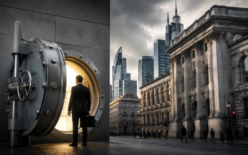 Il credito alle imprese accelera. Per le PMI le regole non sono cambiate. Credito alle imprese, dirigente osserva l’apertura di un grande caveau davanti a un quartiere finanziario
