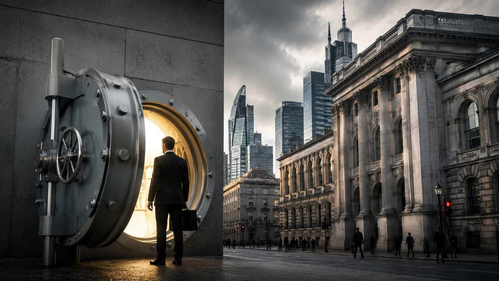 Il credito alle imprese accelera. Per le PMI le regole non sono cambiate. Credito alle imprese, dirigente osserva l’apertura di un grande caveau davanti a un quartiere finanziario
