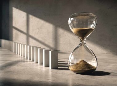 Il capitale circolante è diventato il vero mercato finanziario delle PMI. Clessidra con sabbia dorata accanto a una sequenza di blocchi bianchi in un ambiente industriale illuminato dal sole.