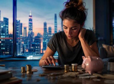Educazione finanziaria dei giovani: ragazza calcola spese e risparmi davanti a monete e salvadanaio