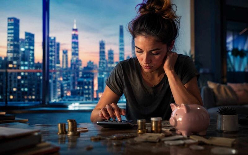 Educazione finanziaria dei giovani: ragazza calcola spese e risparmi davanti a monete e salvadanaio