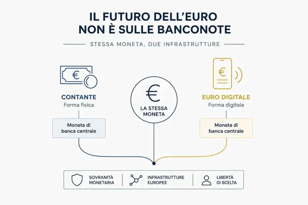 Il futuro dell'euro non è sulle banconote. Euro digitale e contante rappresentati come due forme della stessa moneta di banca centrale