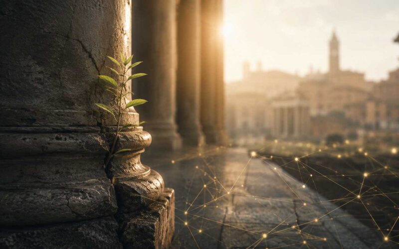 Fiducia nell’economia, architettura classica e rete luminosa dorata tra antiche colonne