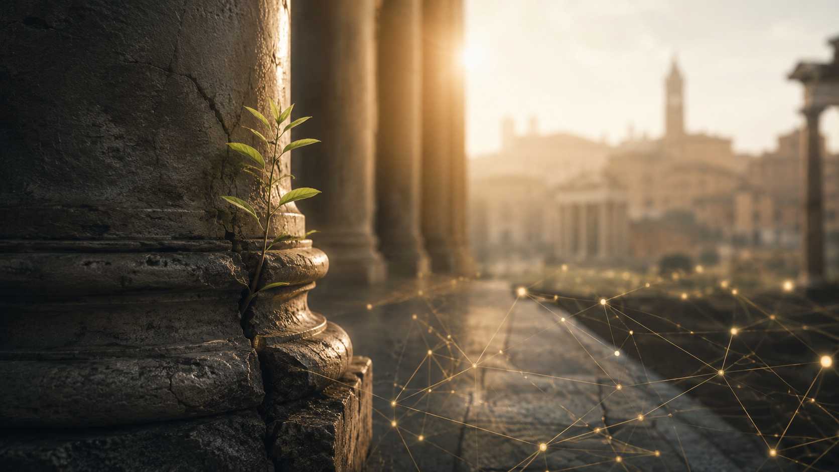 Fiducia nell’economia, architettura classica e rete luminosa dorata tra antiche colonne