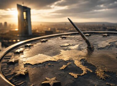 Futuro dell’euro, rappresentato da una mappa dell’Europa su un quadrante metallico con le stelle dell’Unione europea