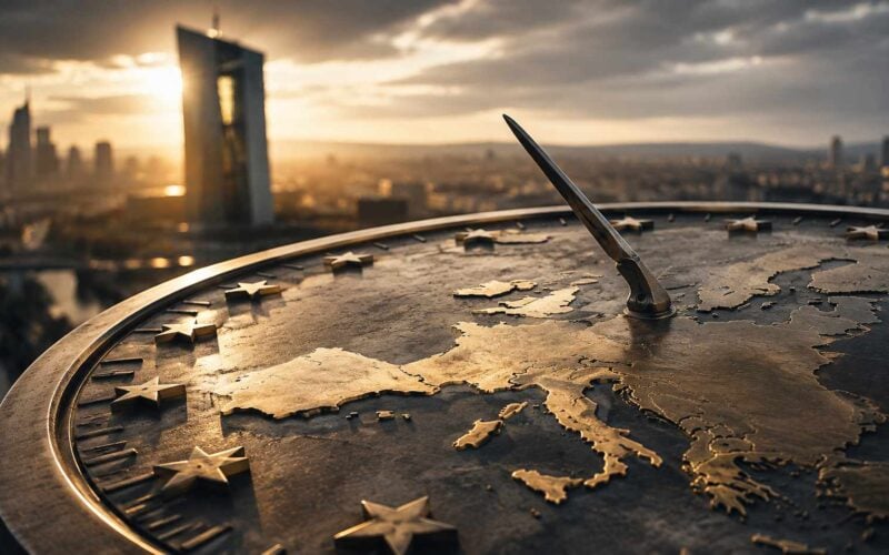 Il futuro dell'euro non è sulle banconote. Futuro dell’euro, rappresentato da una mappa dell’Europa su un quadrante metallico con le stelle dell’Unione europea