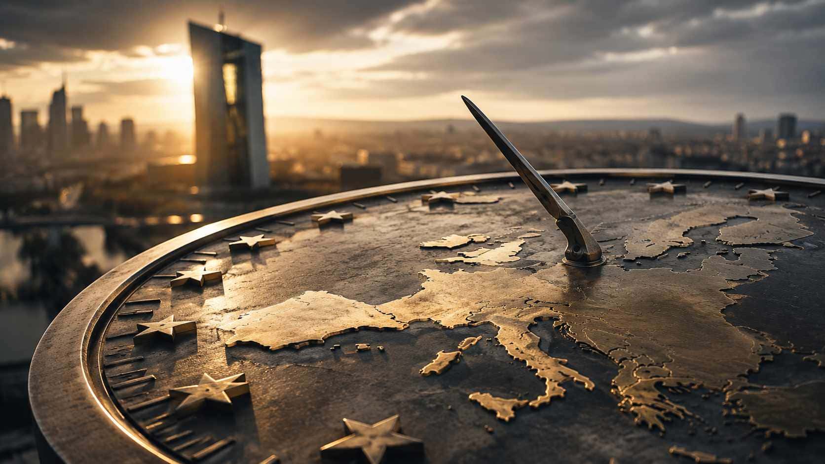Futuro dell’euro, rappresentato da una mappa dell’Europa su un quadrante metallico con le stelle dell’Unione europea