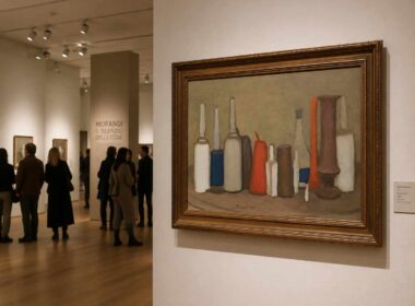 La metafisica del quotidiano di Morandi conquista Shanghai. Giorgio Morandi nature morte esposta in primo piano in una galleria d’arte con visitatori