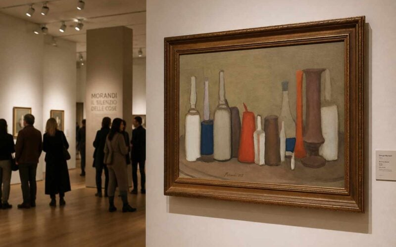 La metafisica del quotidiano di Morandi conquista Shanghai. Giorgio Morandi nature morte esposta in primo piano in una galleria d’arte con visitatori