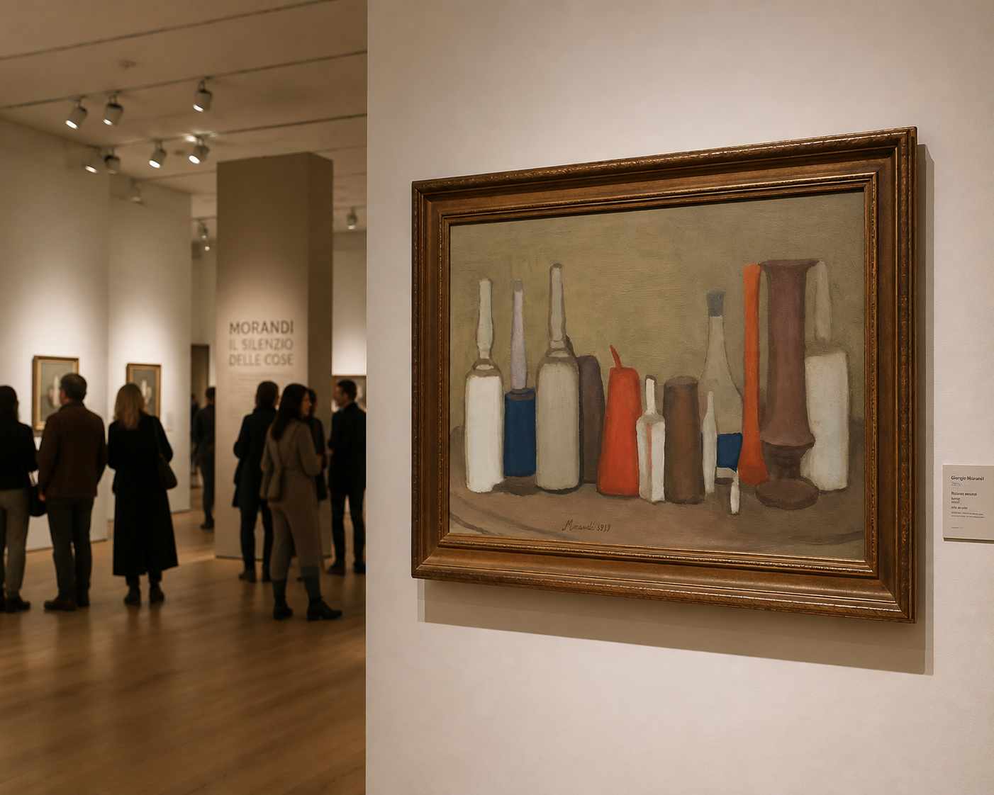 La metafisica del quotidiano di Morandi conquista Shanghai. Giorgio Morandi nature morte esposta in primo piano in una galleria d’arte con visitatori