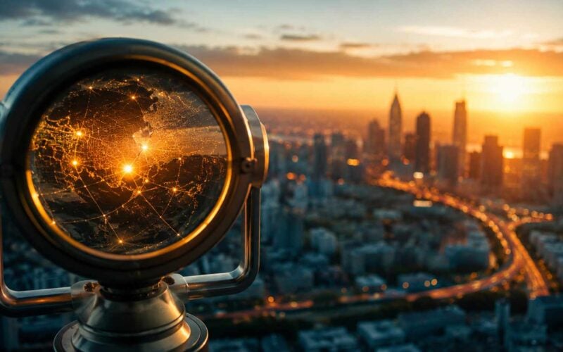Intelligenza artificiale nelle imprese, robot osserva una bilancia tra capitale e rete digitale