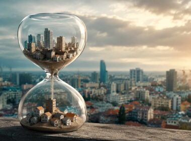 Prezzi case in Italia 2026, città e abitazioni racchiuse in una clessidra di vetro