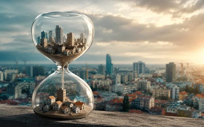 Prezzi case in Italia 2026, città e abitazioni racchiuse in una clessidra di vetro