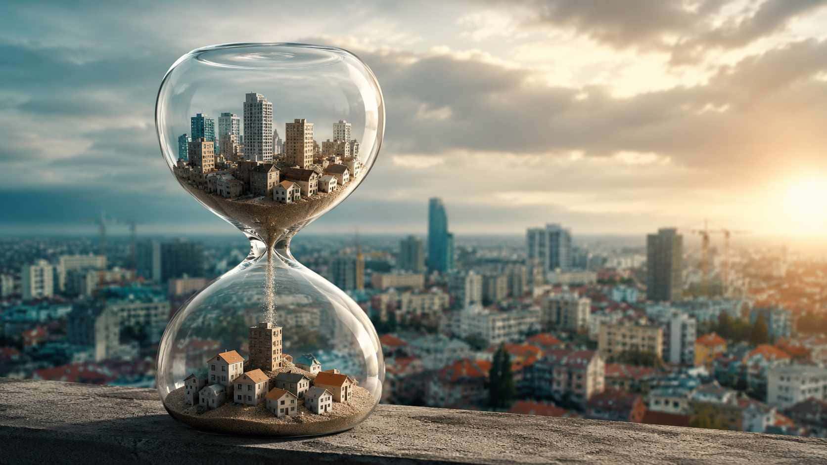 Prezzi case in Italia 2026, città e abitazioni racchiuse in una clessidra di vetro