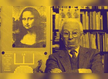 Quotazioni di Bruno Munari, ritratto del designer con il celebre poster della Gioconda reinterpretata sullo sfondo