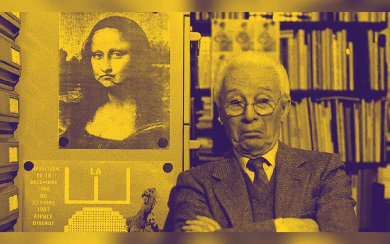 Quotazioni di Bruno Munari, ritratto del designer con il celebre poster della Gioconda reinterpretata sullo sfondo