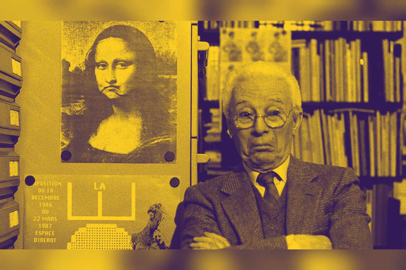 Quotazioni di Bruno Munari, ritratto del designer con il celebre poster della Gioconda reinterpretata sullo sfondo