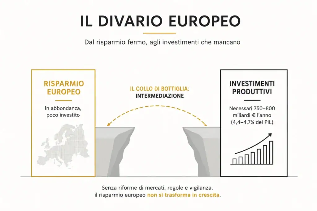 Rhine Group: Draghi e Collison progettano a Ginevra ciò che Bruxelles non è riuscita a costruire. Rhine Group di Draghi: infografica sul divario tra risparmio europeo e 750-800 miliardi di investimenti annui