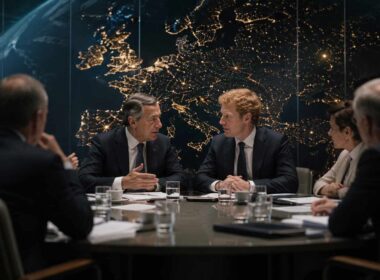 Rhine Group di Draghi, riunione riservata con dirigenti davanti a una mappa illuminata dell’Europa