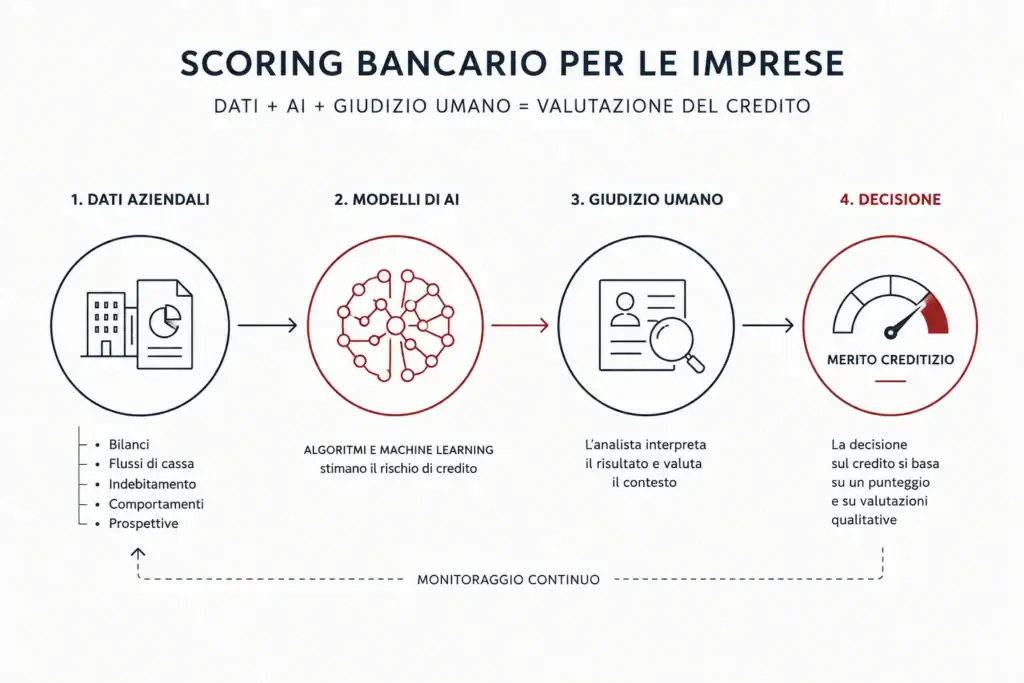Credito bancario, lo scoring entra nell'era dell'AI regolamentata: cosa cambia per banche e imprese. Scoring bancario per le imprese: infografica su dati aziendali, modelli di AI, giudizio umano e decisione