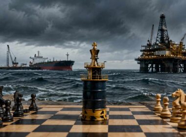 L'energia non è più una commodity. Strategia energetica: scacchiera sul mare con petroliera e piattaforma offshore durante una tempesta