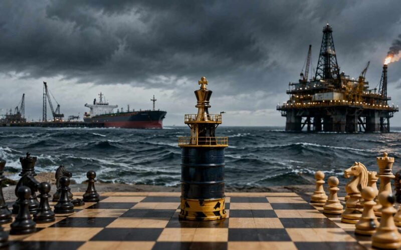 Strategia energetica: scacchiera sul mare con petroliera e piattaforma offshore durante una tempesta
