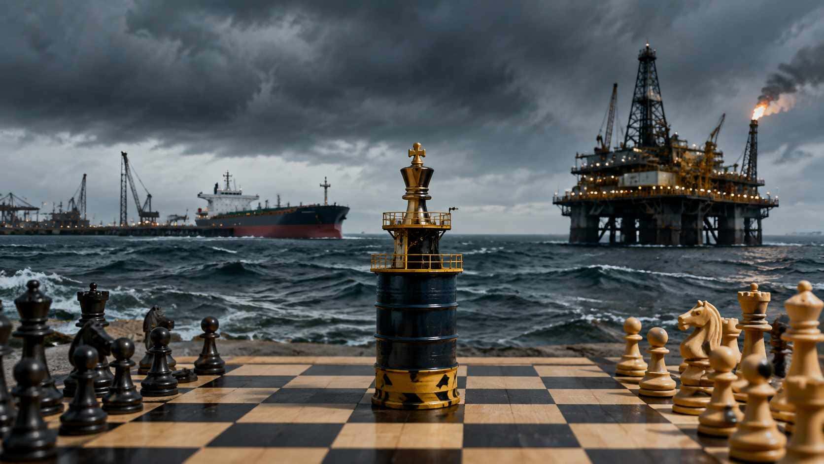 L'energia non è più una commodity. Strategia energetica: scacchiera sul mare con petroliera e piattaforma offshore durante una tempesta