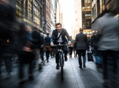 Velocità decisionale nelle PMI: manager attraversa rapidamente una folla urbana in bicicletta