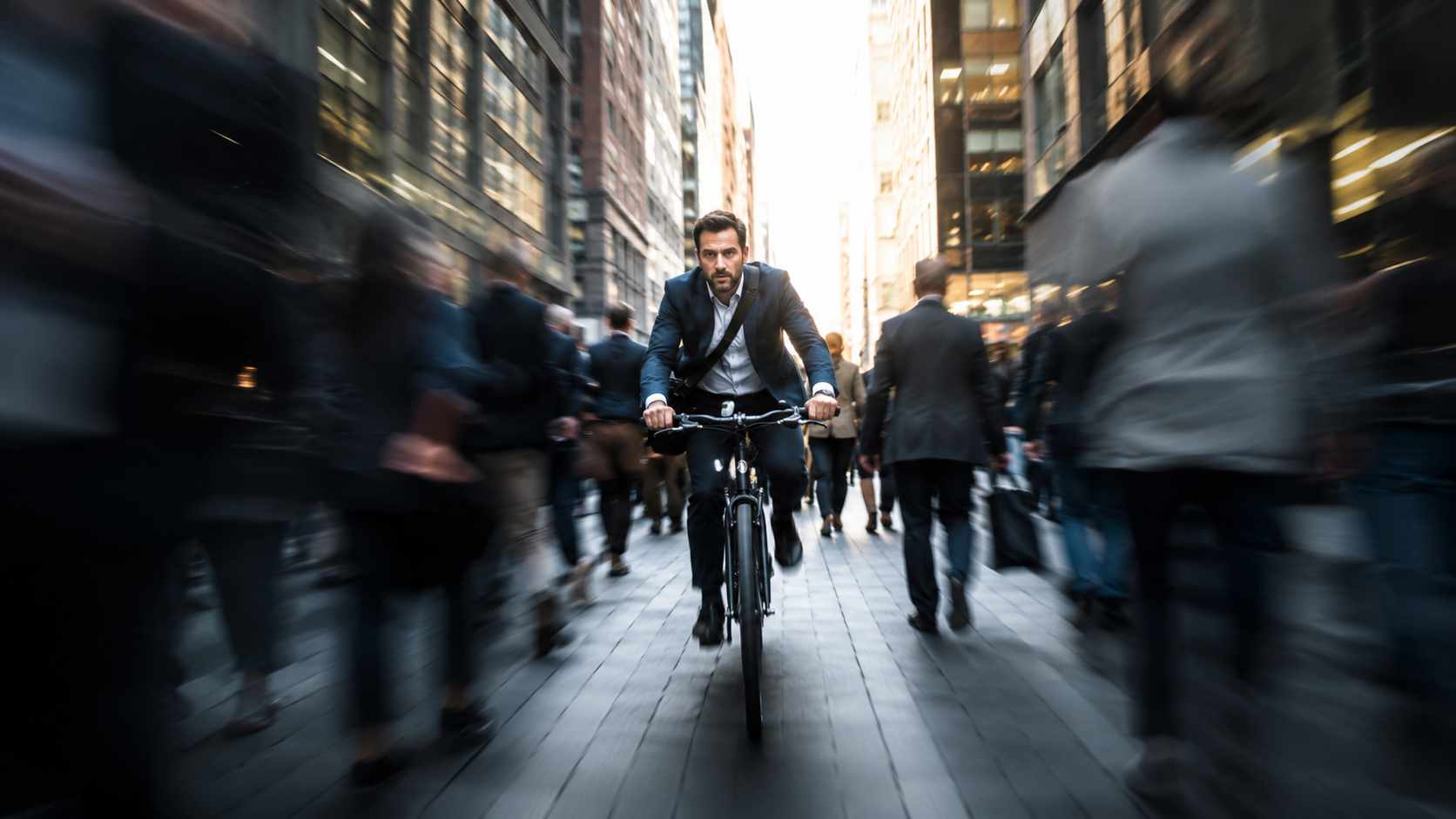 Perché il piccolo sta diventando grande. Velocità decisionale nelle PMI: manager attraversa rapidamente una folla urbana in bicicletta