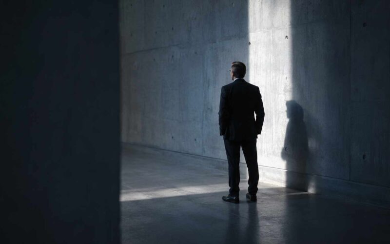 Uomo in abito scuro davanti a una parete illuminata, con una grande ombra proiettata alle sue spalle