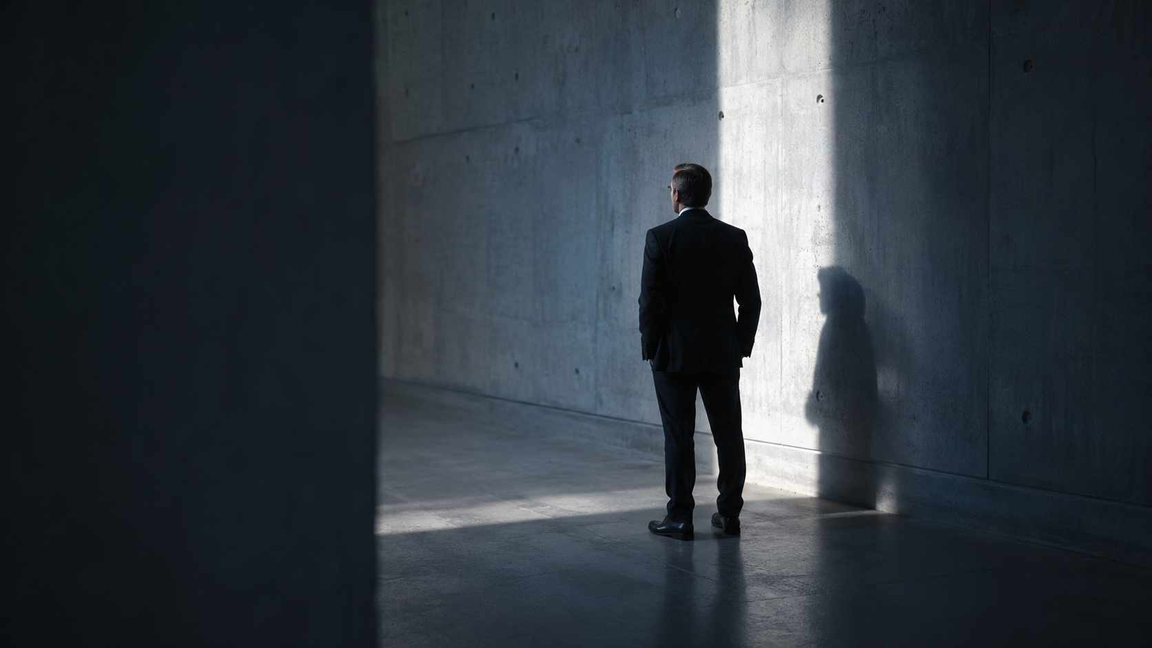 Uomo in abito scuro davanti a una parete illuminata, con una grande ombra proiettata alle sue spalle